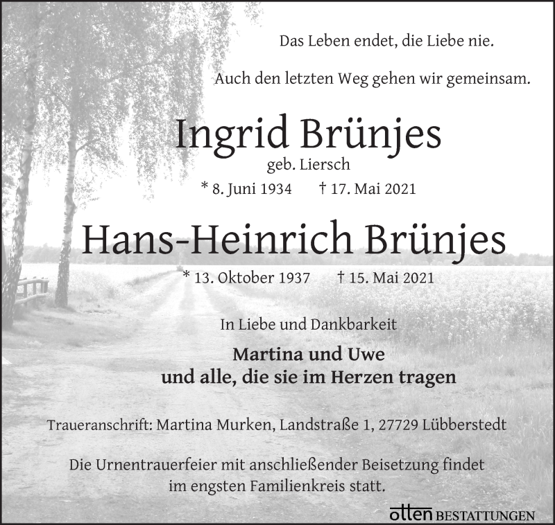 Traueranzeige von Ingrid und Hans-Heinrich Brünjes von Osterholzer Kreisblatt