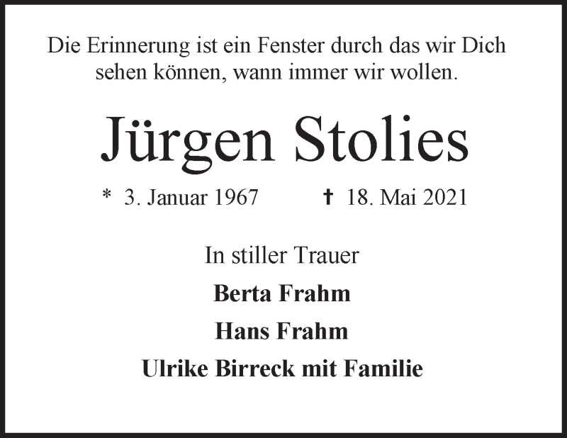  Traueranzeige für Jürgen Stolies vom 26.05.2021 aus Osterholzer Kreisblatt