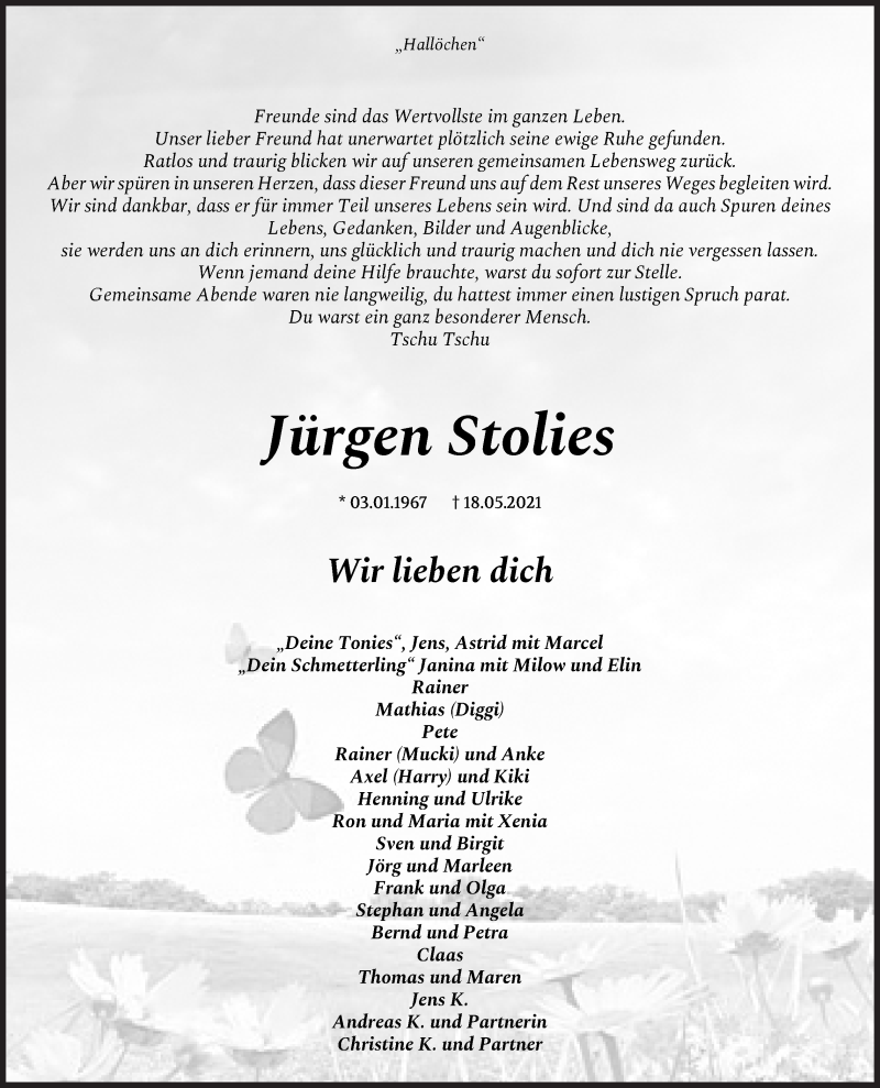  Traueranzeige für Jürgen Stolies vom 26.05.2021 aus Osterholzer Kreisblatt