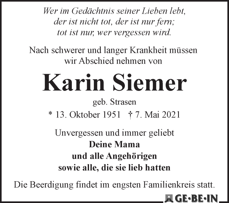  Traueranzeige für Karin Siemer vom 15.05.2021 aus WESER-KURIER
