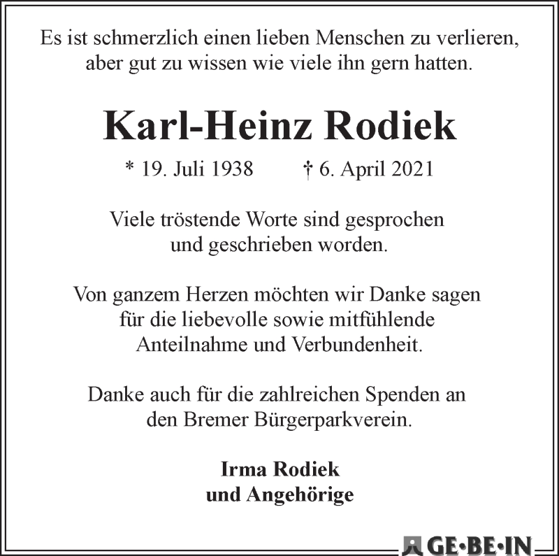 Traueranzeige von Karl-Heinz Rodiek von WESER-KURIER