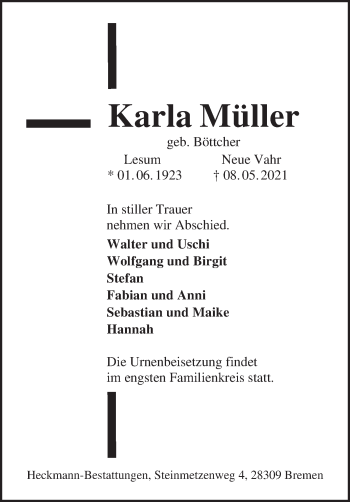 Traueranzeige von Karla Müller