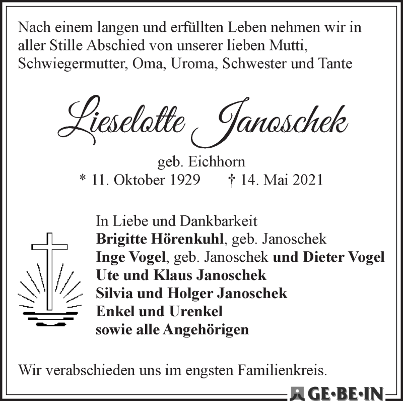  Traueranzeige für Lieselotte Janoschek vom 22.05.2021 aus WESER-KURIER