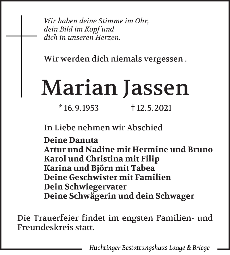 Traueranzeige von Marian Jassen von WESER-KURIER