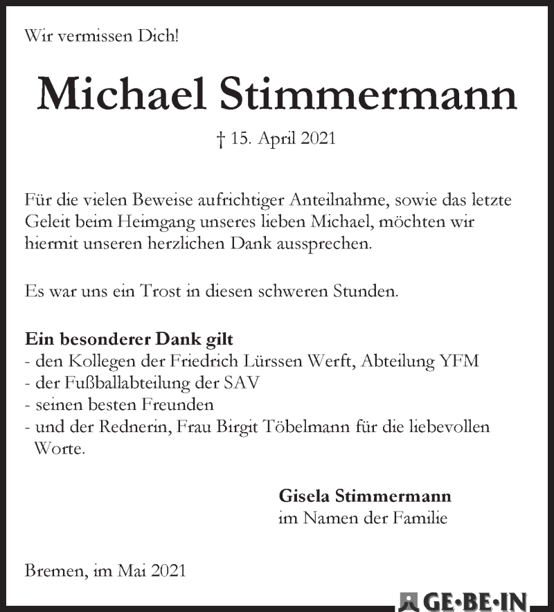  Traueranzeige für Michael Stimmermann vom 15.05.2021 aus Die Norddeutsche