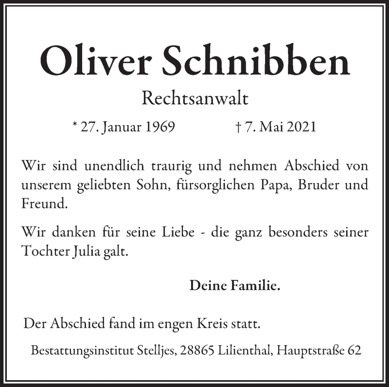  Traueranzeige für Oliver Schnibben vom 22.05.2021 aus WESER-KURIER