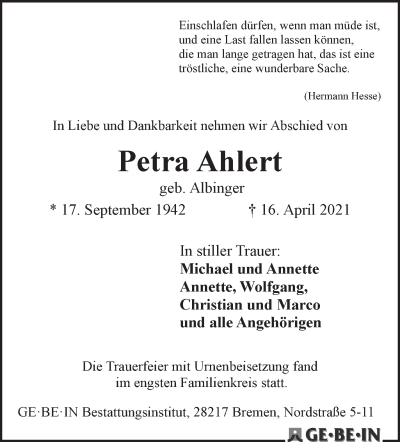 Traueranzeige von Petra Ahlert von WESER-KURIER