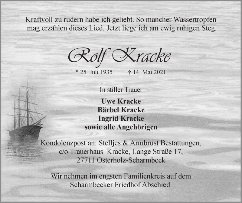  Traueranzeige für Rolf Kracke vom 18.05.2021 aus Osterholzer Kreisblatt