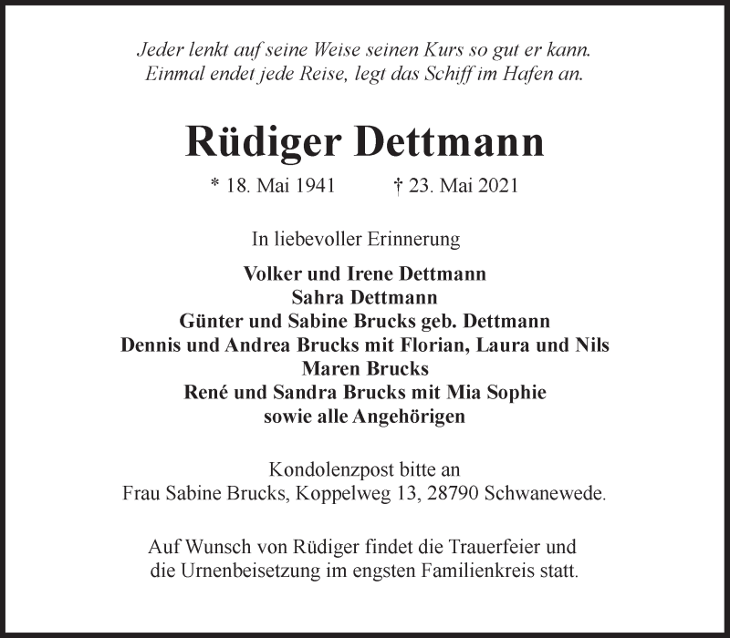  Traueranzeige für Rüdiger Dettmann vom 29.05.2021 aus Die Norddeutsche