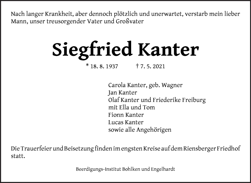  Traueranzeige für Siegfried Kanter vom 15.05.2021 aus WESER-KURIER