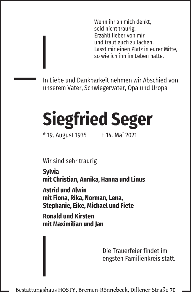  Traueranzeige für Siegfried Seger vom 22.05.2021 aus Die Norddeutsche