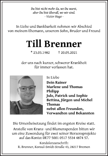 Traueranzeige von Till Brenner