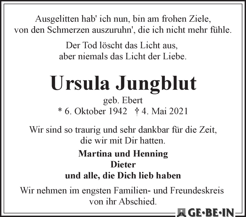  Traueranzeige für Ursula Jungblut vom 15.05.2021 aus WESER-KURIER