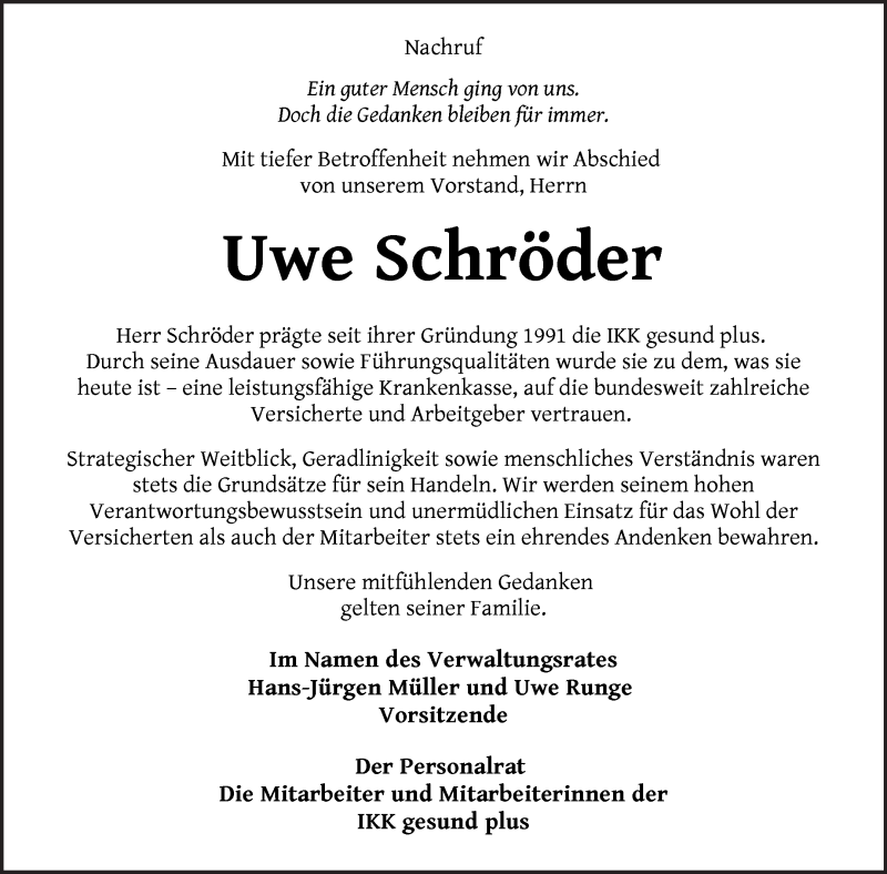 Traueranzeige von Uwe Schröder von WESER-KURIER