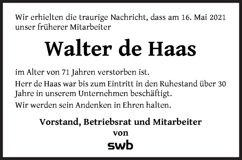 Traueranzeige von Walter de Haas von WESER-KURIER