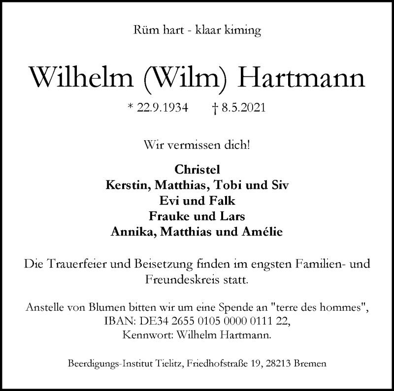 Traueranzeige von Wilhelm (Wilm) Hartmann von WESER-KURIER