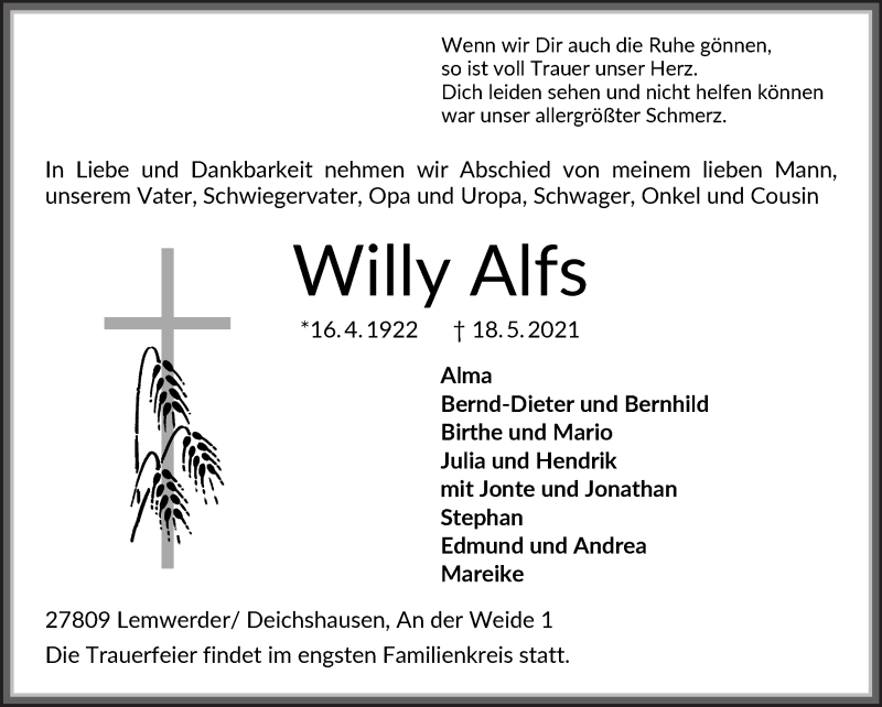 Traueranzeige von Willy Alfs von Die Norddeutsche
