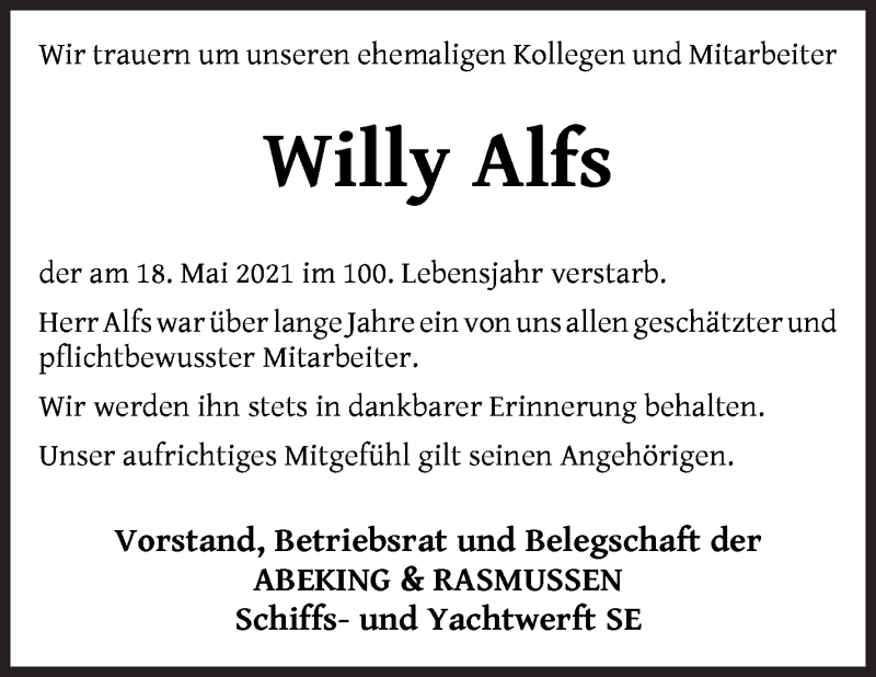 Traueranzeige von Willy Alfs von Die Norddeutsche