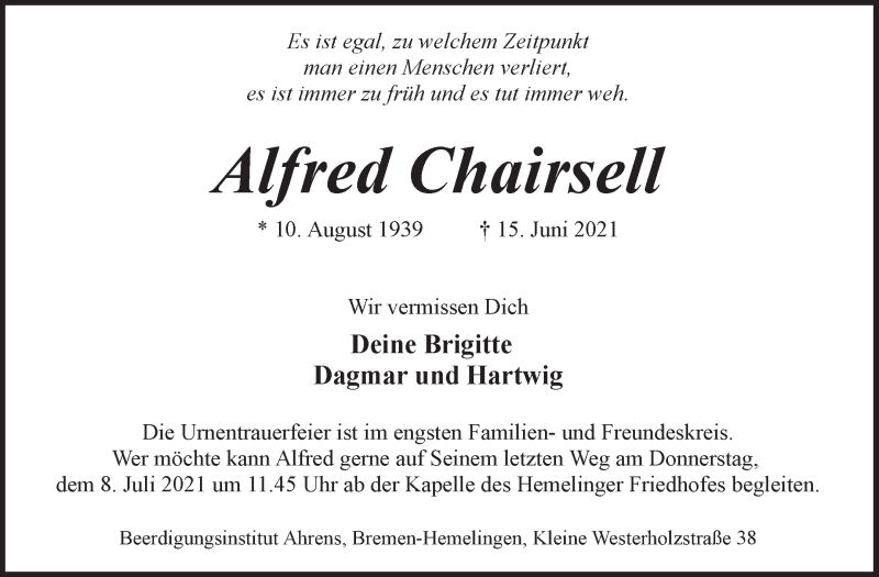  Traueranzeige für Alfred Chairsell vom 19.06.2021 aus WESER-KURIER