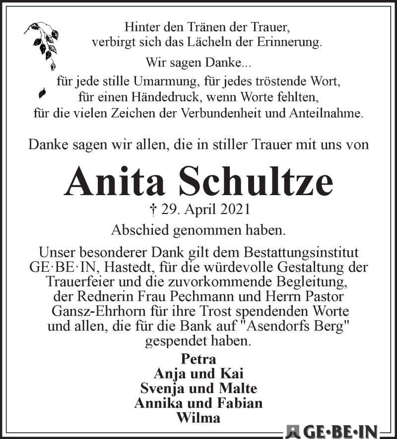 Traueranzeige von Anita Schultze von WESER-KURIER