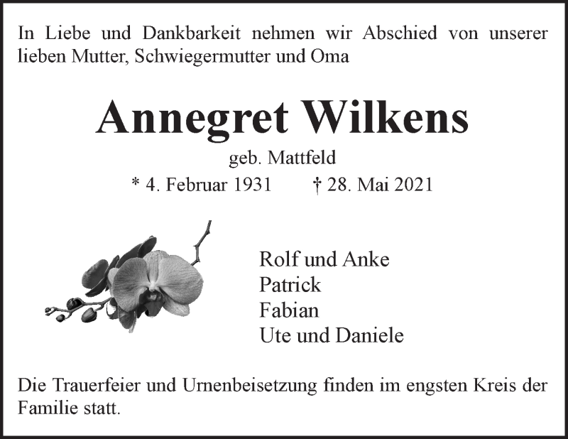 Traueranzeige von Annegret Wilkens von WESER-KURIER