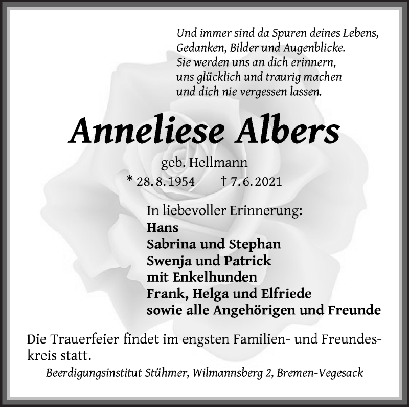  Traueranzeige für Anneliese Albers vom 12.06.2021 aus Die Norddeutsche