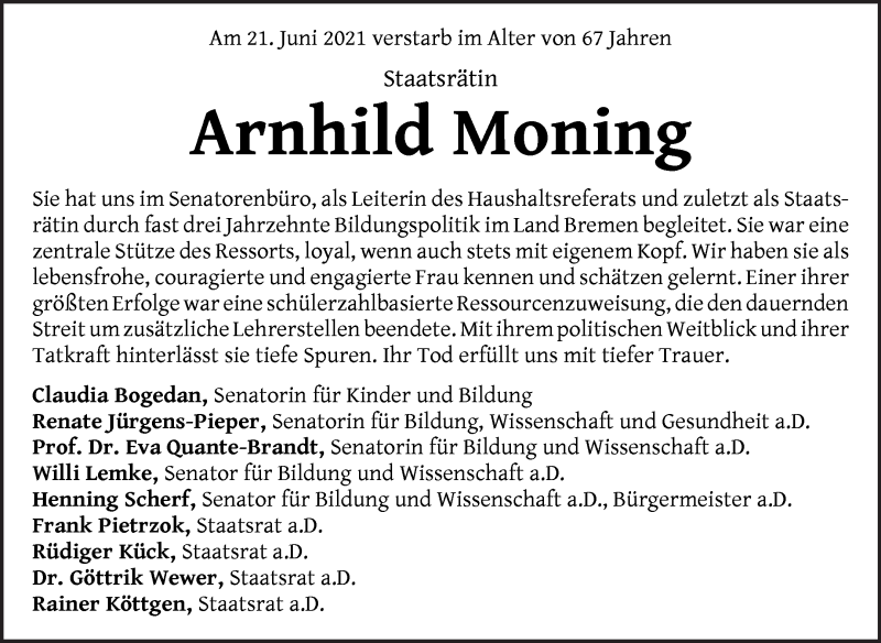  Traueranzeige für Arnhild Moning vom 26.06.2021 aus WESER-KURIER