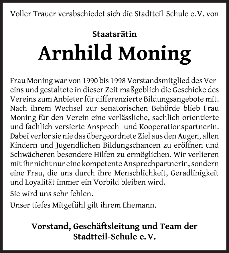  Traueranzeige für Arnhild Moning vom 26.06.2021 aus WESER-KURIER