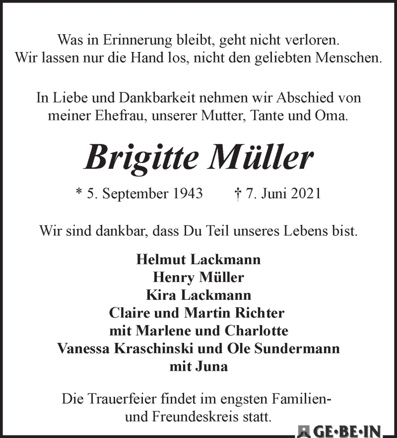  Traueranzeige für Brigitte Müller vom 12.06.2021 aus WESER-KURIER