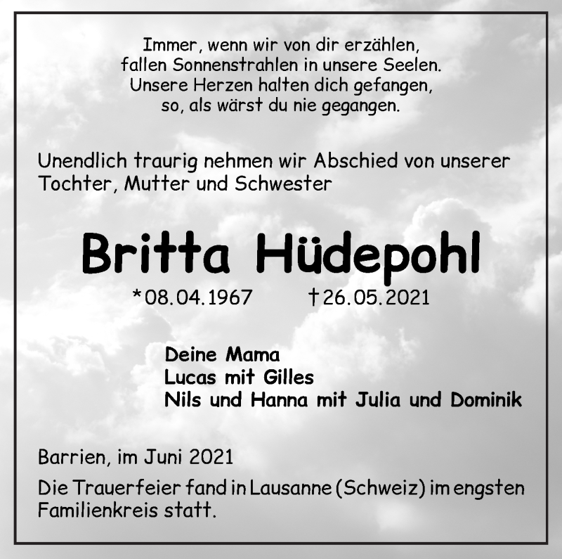  Traueranzeige für Britta Hüdepohl vom 05.06.2021 aus WESER-KURIER