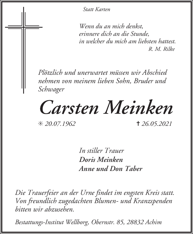 Traueranzeige von Carsten Meinken von WESER-KURIER