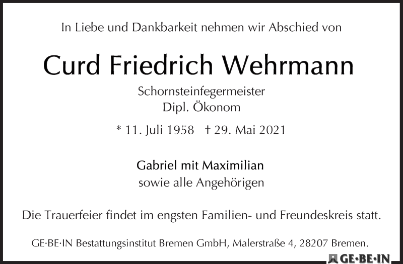  Traueranzeige für Curd Friedrich  Wehrmann vom 12.06.2021 aus WESER-KURIER