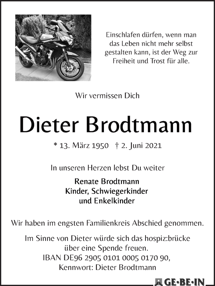  Traueranzeige für Dieter Brodtmann vom 26.06.2021 aus WESER-KURIER