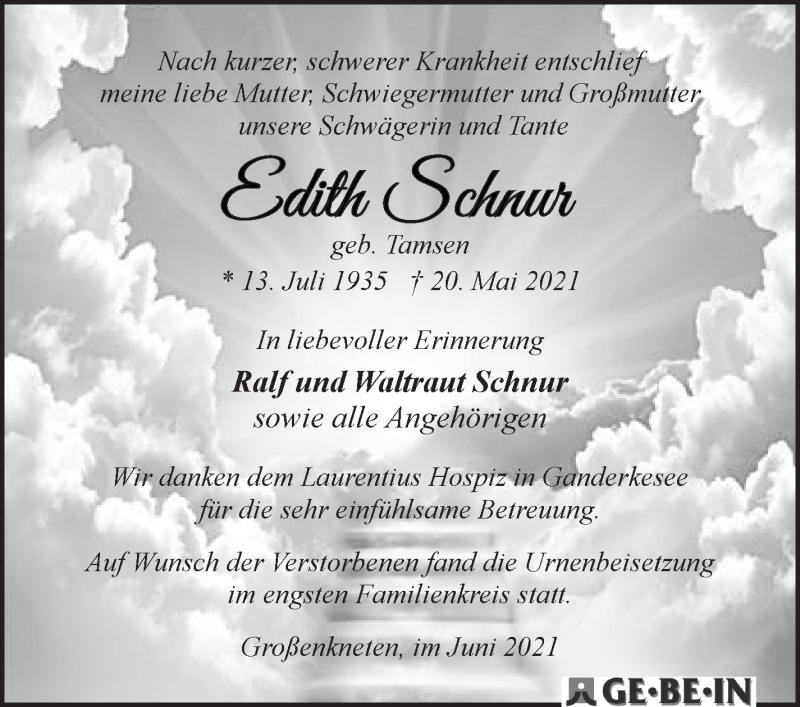 Traueranzeige von Edith Schnur von WESER-KURIER