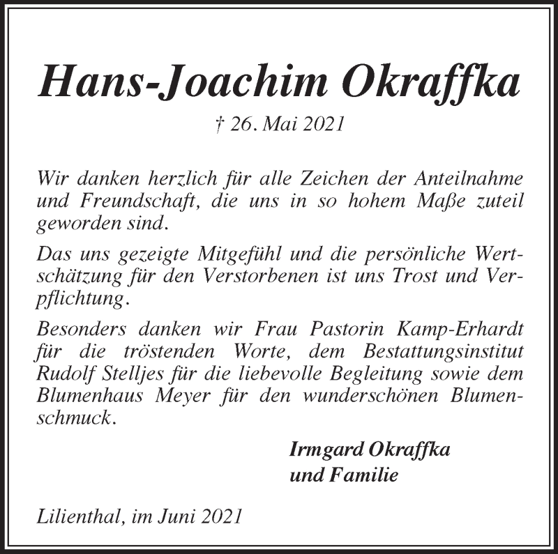 Traueranzeige für Hans-Joachim Okraffka vom 19.06.2021 aus Wuemme Zeitung