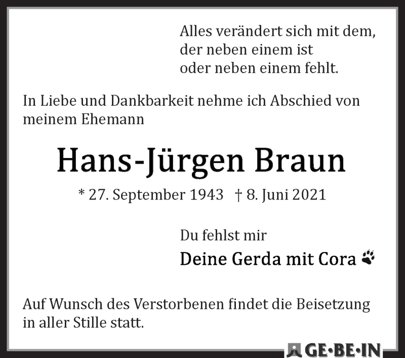  Traueranzeige für Hans-Jürgen Braun vom 12.06.2021 aus WESER-KURIER