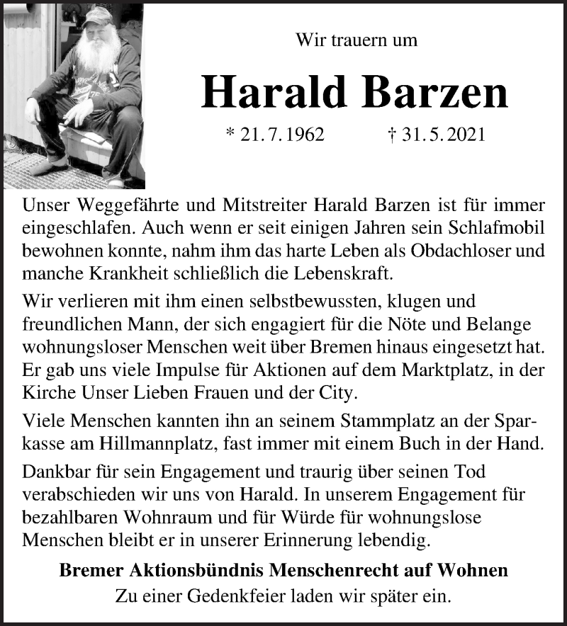  Traueranzeige für Harald Barzen vom 05.06.2021 aus WESER-KURIER