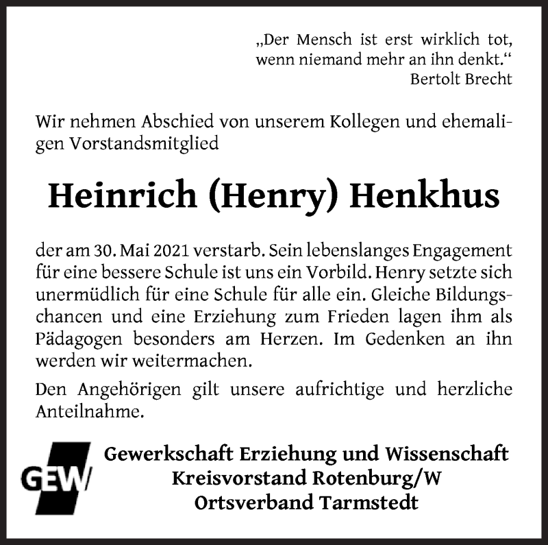 Traueranzeige von Heinrich Henkhus von Wuemme Zeitung