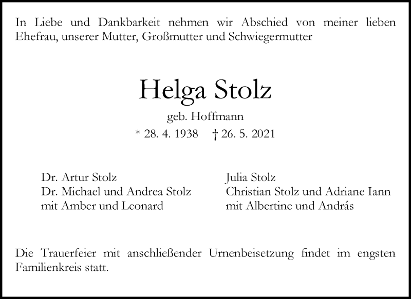  Traueranzeige für Helga Stolz vom 05.06.2021 aus WESER-KURIER