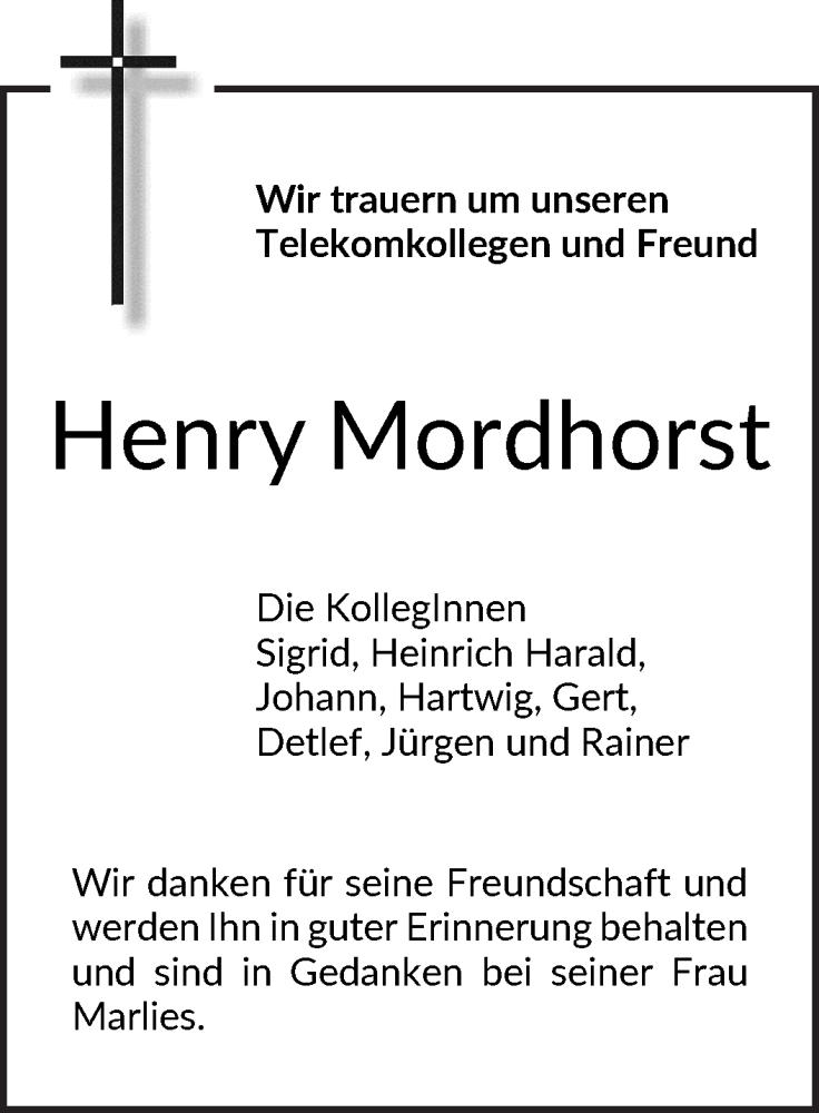  Traueranzeige für Henry Mordhorst vom 12.06.2021 aus Osterholzer Kreisblatt