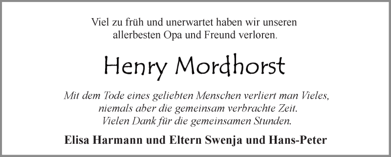  Traueranzeige für Henry Mordhorst vom 12.06.2021 aus Osterholzer Kreisblatt