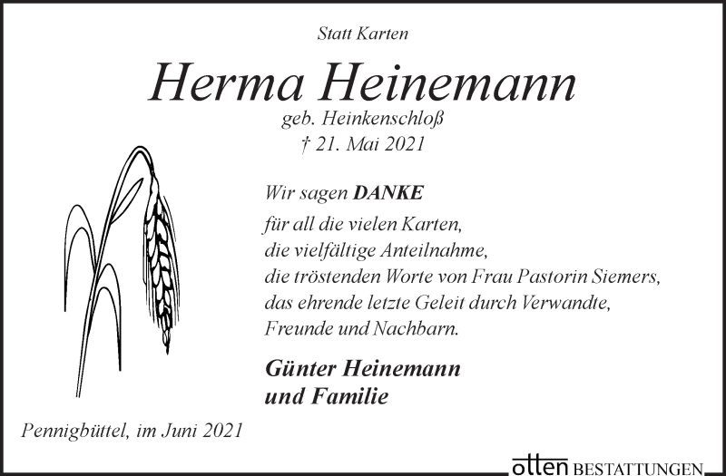 Traueranzeige von Herma Heinemann von Osterholzer Kreisblatt
