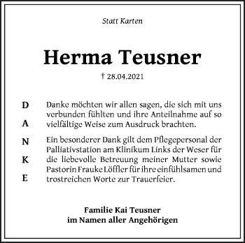 Traueranzeige von Herma Teusner