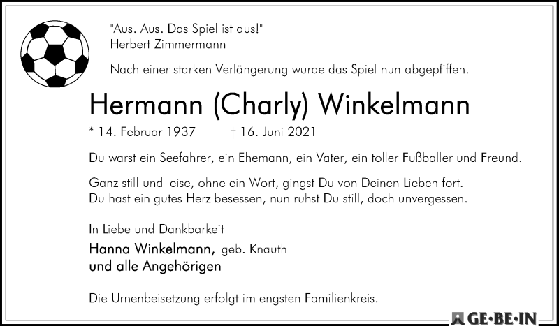 Traueranzeige von Hermann ( Charly) Winkelmann von WESER-KURIER