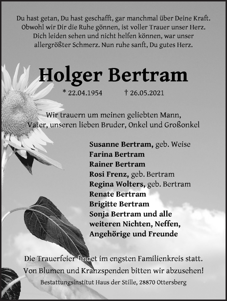  Traueranzeige für Holger Bertram vom 05.06.2021 aus WESER-KURIER