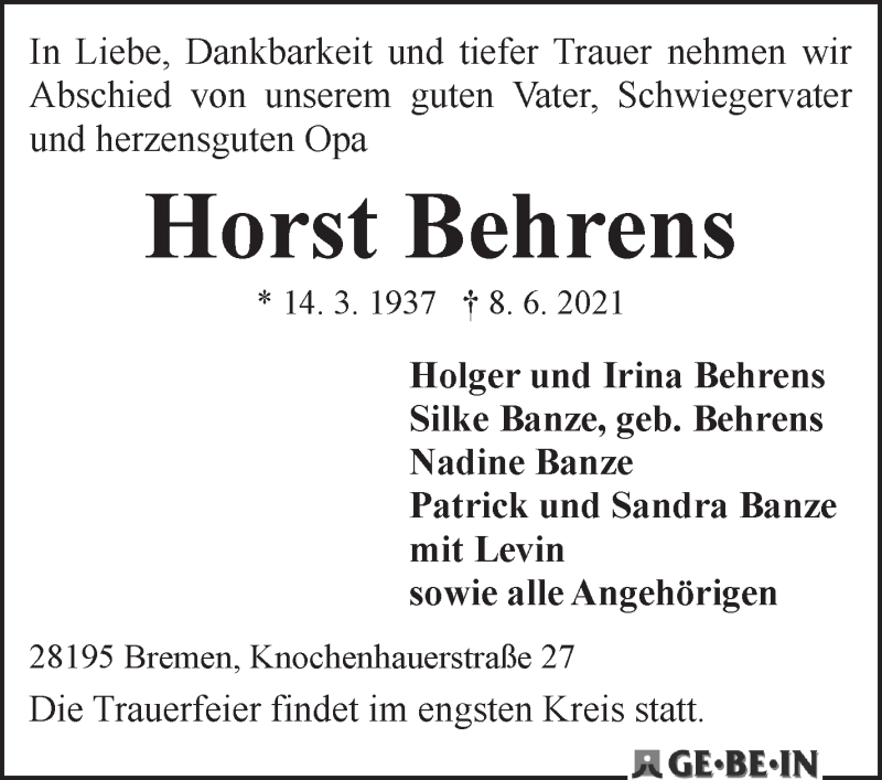 Traueranzeige von Horst Behrens von WESER-KURIER