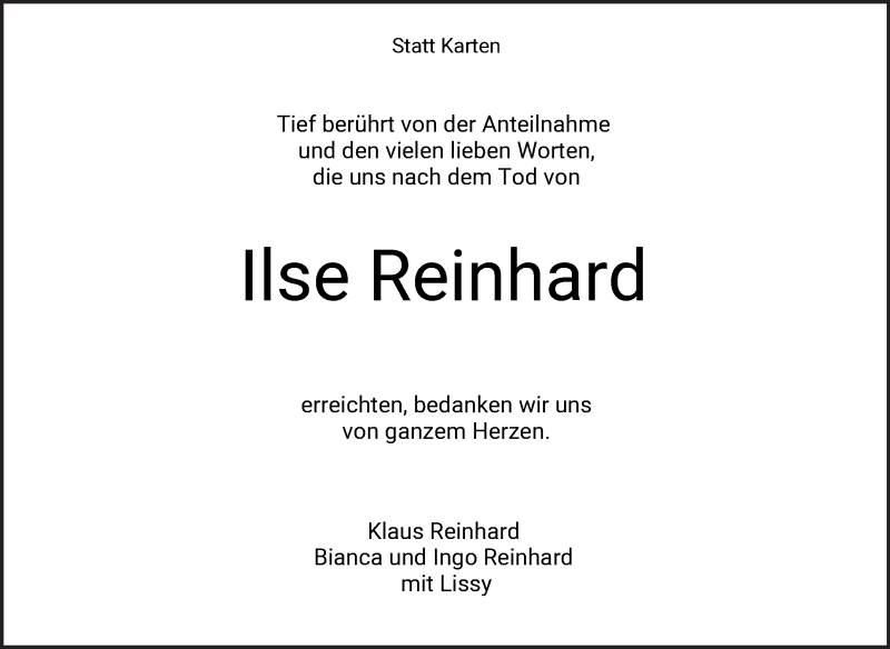 Traueranzeige von Ilse Reinhard von WESER-KURIER