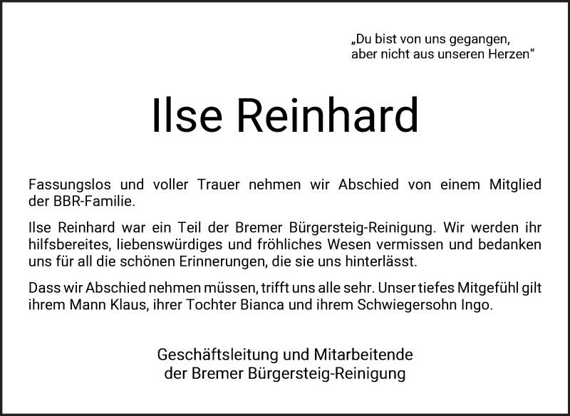 Traueranzeige von Ilse Reinhard von WESER-KURIER