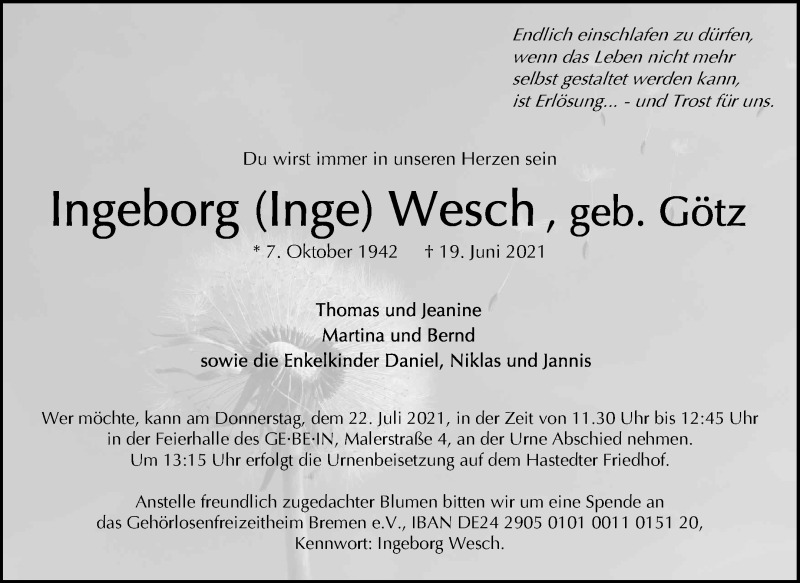 Traueranzeige von Ingeborg Wesch von WESER-KURIER