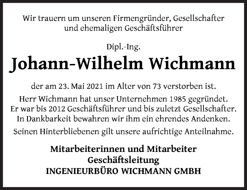 Traueranzeige von Johann-Wilhelm Wichmann von WESER-KURIER